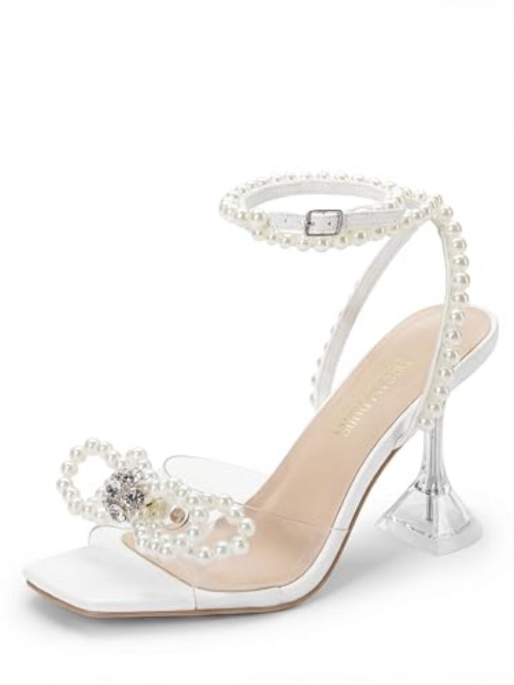 Stiletto Bow Heels for Women Strappy Sparkly Rhinestone Square Toe Clear Crystal